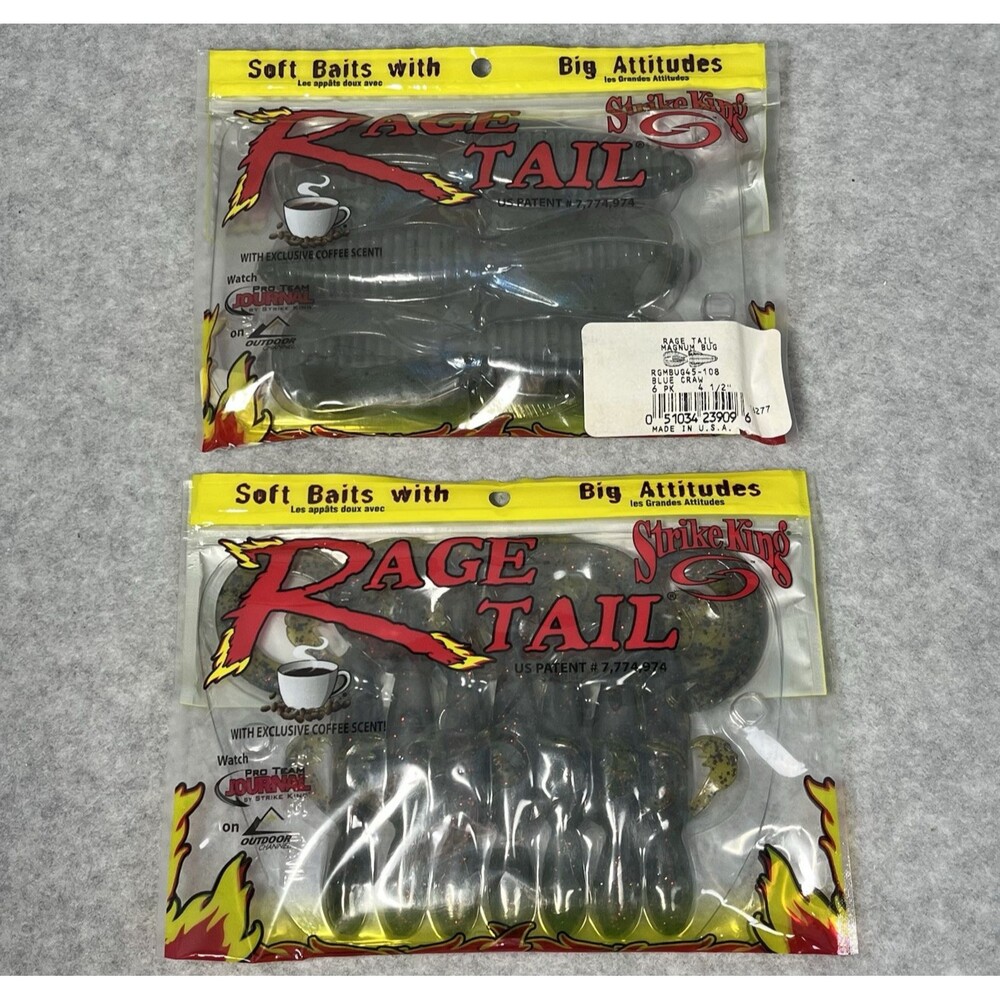 Strike King‎ Rage Tail 6 Pk Magnum Bug Blue Craw 6.5" Lot of 2 Different Styles
